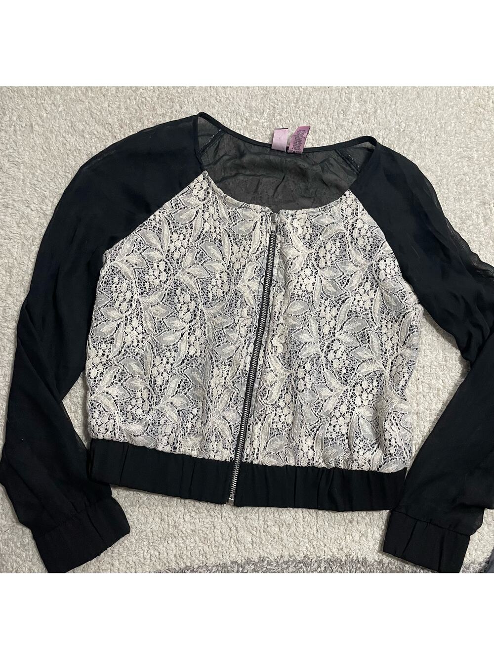 Love On A Hanger Women's Size S Long Sleeve Lace Zip Up Jacket Black White